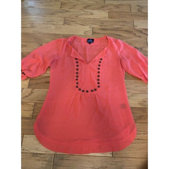 Angie Women's sheer Coral Blouse With Studded Front v-neck & 3/4 Sleeves Small - Picture 1 of 9